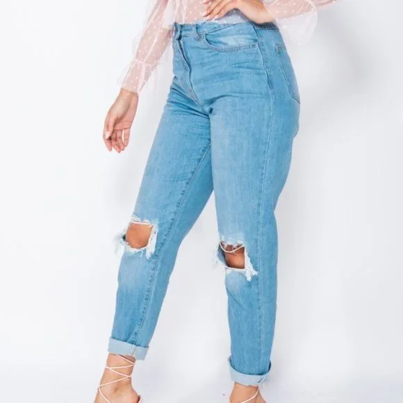 Blue High Waist Distressed Ripped Cuffed Boyfriend Jeans Denim Pants - Picture 9 of 16